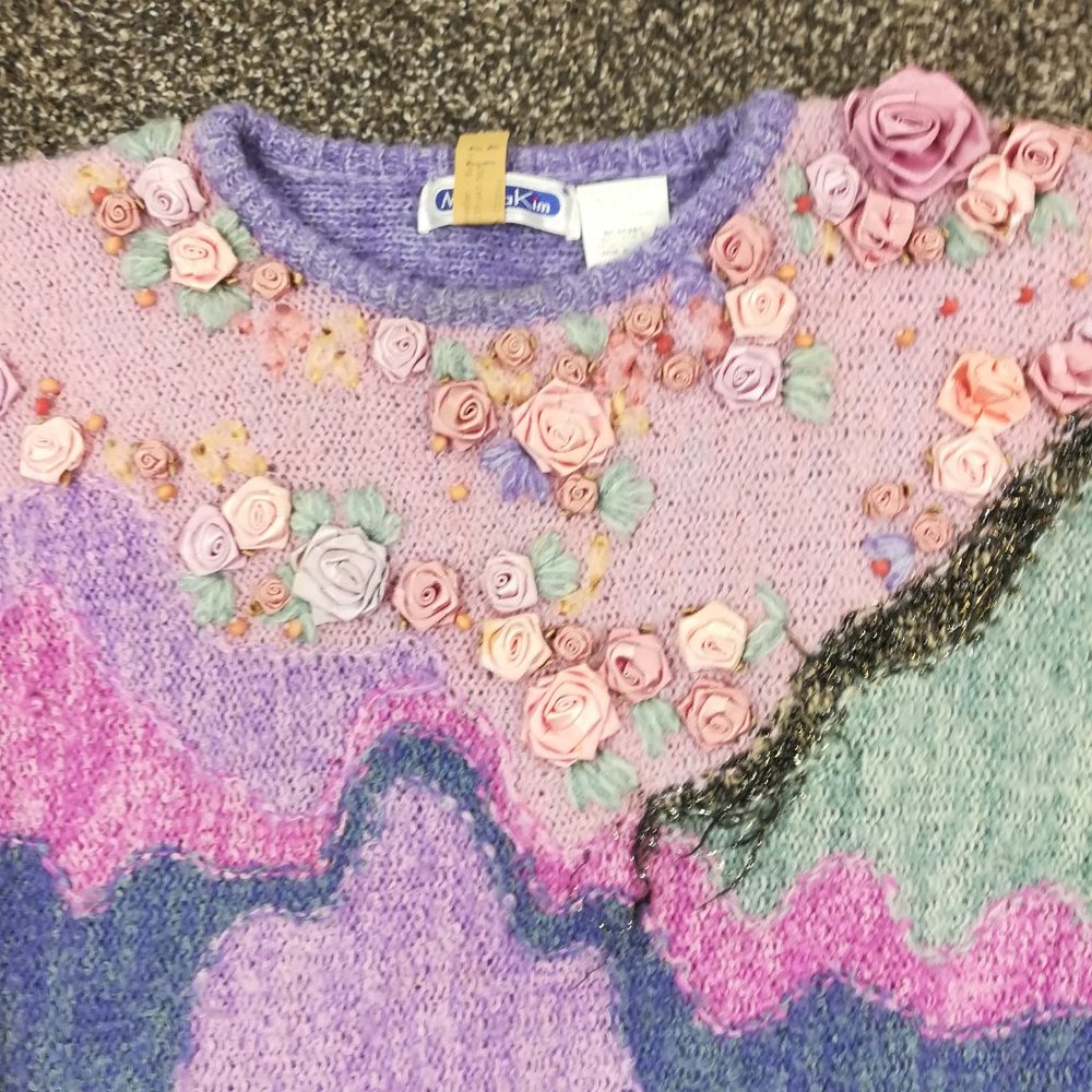 Vintage Mariea Kim Sweater 3D Floral Roses Wool Blend Womens Medium